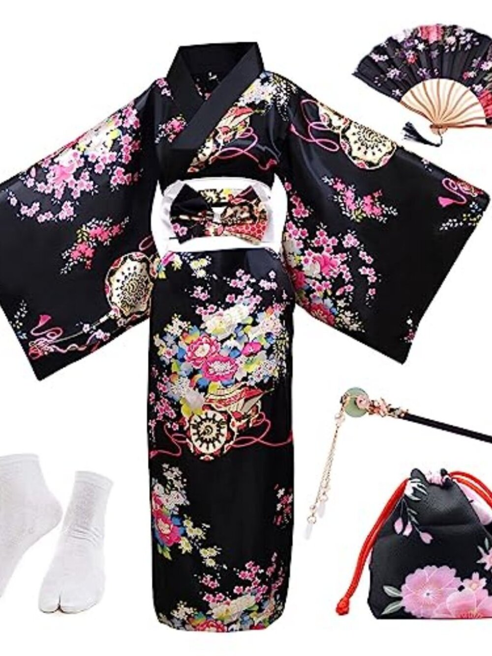 PLULON 5Pcs Japanese kimono for women, Robe Geisha Yukata Dress Blossom Satin